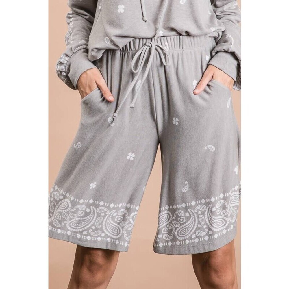 B5011 G BucketList Soft French Terry Border Print Shorts Grey Various Sizes